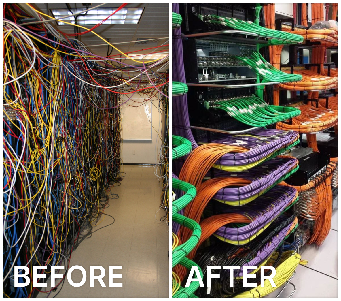 Zdjęcie przedstawiające porównanie dwóch serwerowni, w jednej kable ułożone są chaotycznie, w drugiej kable są uporządkowane
